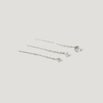 Three silver chain threader earrings with clear gemstone studs, minimalist style