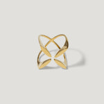 Modern open gold ring with geometric crossover design on white background