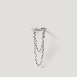Modern silver ring with double chain detail on white background, contemporary jewelry design