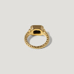 Gold signet ring with twisted band on light background, jewelry product photo