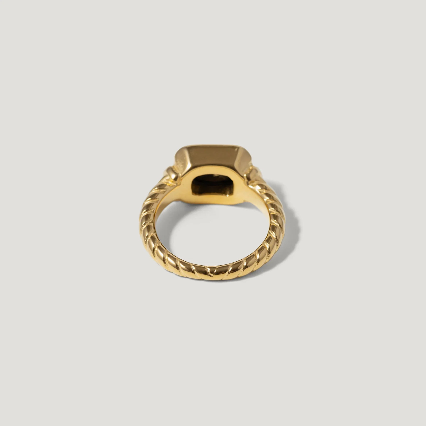 Gold signet ring with twisted band on light background, jewelry product photo