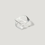 Modern geometric sterling silver ring with open design on light background