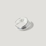 Chunky sterling silver ring with grooved texture on a plain light background