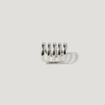 Modern silver ring with multi-band spiral design on a white background