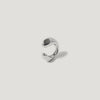 Polished silver open ring with organic, sculptural design on white background
