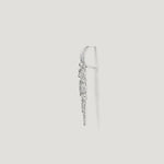 Side view of a silver drop earring with multiple small round and textured charms