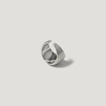 Sterling silver textured open ring with ribbed design on white background