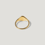 Minimalist gold signet ring on a light background