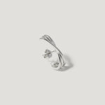 Sterling silver twisted hoop stud earring with polished finish on white background