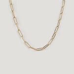 Gold chain necklace with alternating smooth and textured paperclip links, laid flat.