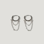 Silver hoop earrings with double chain detail on white background