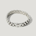 Silver stainless steel link bracelet with a polished finish on a white background