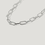 Silver rectangular link chain necklace on white background