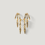 Gold drop earrings with chain and crystal accents on a white background