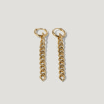 Pair of gold chain link drop earrings on a white background
