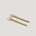 Pair of gold chain link hoop earrings on white background