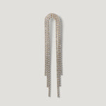Gold-tone dangling crystal chain earring with elegant draped design on white background