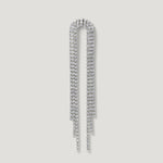 Long silver rhinestone drop earring with curved top and cascading strands on light background