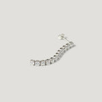 Curved sterling silver ear climber with clear gemstones on white background